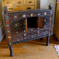 Antique Kutch Damchiya dowry chest with mirror inlay and carved hardwood fretwork, Gujarat c.1900–1930