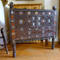 Antique Kutch Damchiya dowry chest with mirror inlay and carved hardwood fretwork, Gujarat c.1900–1930