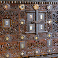 Antique Kutch Damchiya dowry chest with mirror inlay and carved hardwood fretwork, Gujarat c.1900–1930