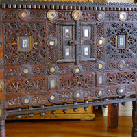 Antique Kutch Damchiya dowry chest with mirror inlay and carved hardwood fretwork, Gujarat c.1900–1930