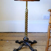 Antique Victorian brass telescopic wine table with mahogany top and lion’s paw feet