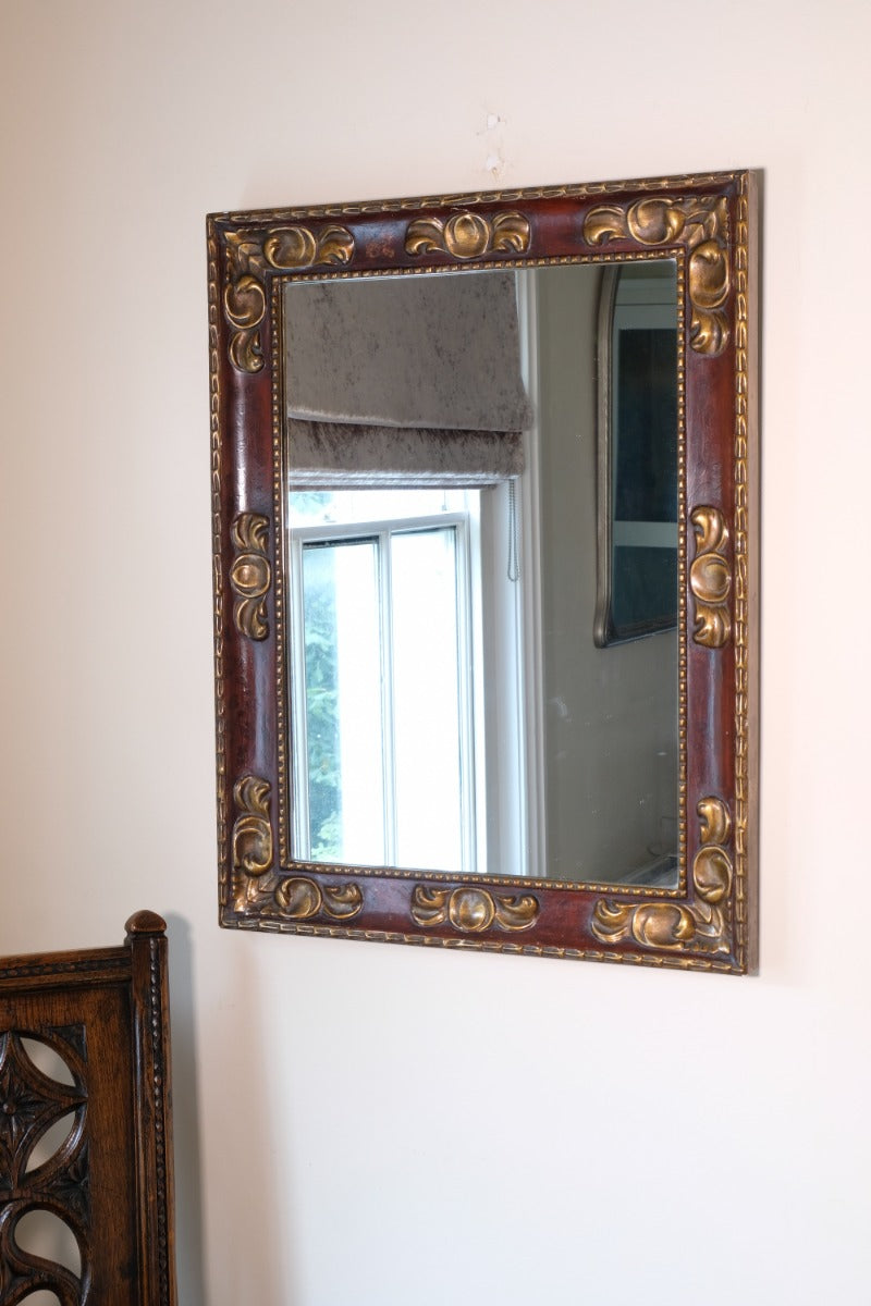 Edwardian antique painted wall mirror with claret lacquer and giltwood frame, circa 1910
