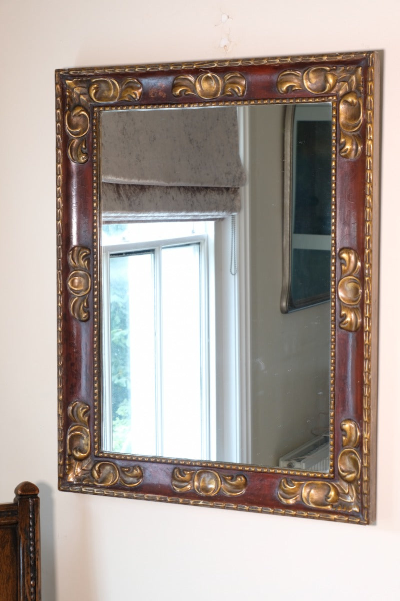 Edwardian antique painted wall mirror with claret lacquer and giltwood frame, circa 1910