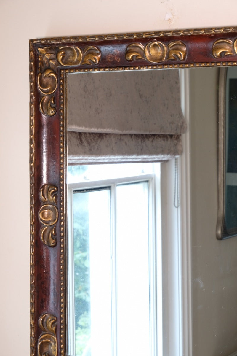 Edwardian antique painted wall mirror with claret lacquer and giltwood frame, circa 1910