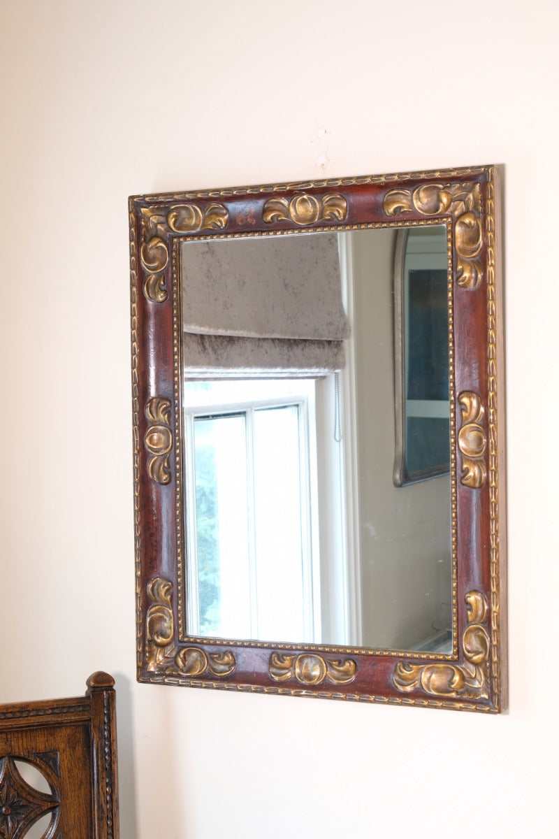 Edwardian antique painted wall mirror with claret lacquer and giltwood frame, circa 1910
