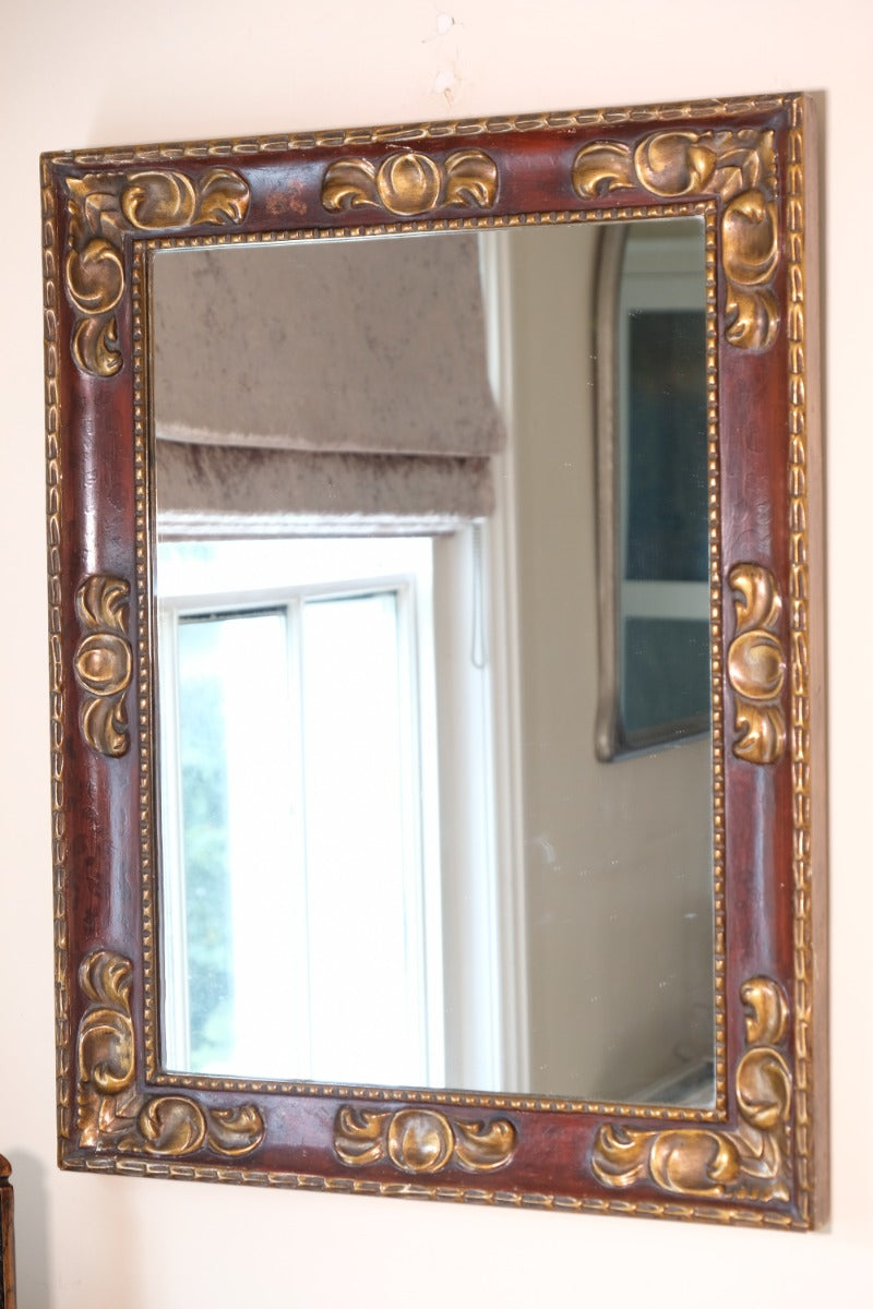 Edwardian antique painted wall mirror with claret lacquer and giltwood frame, circa 1910