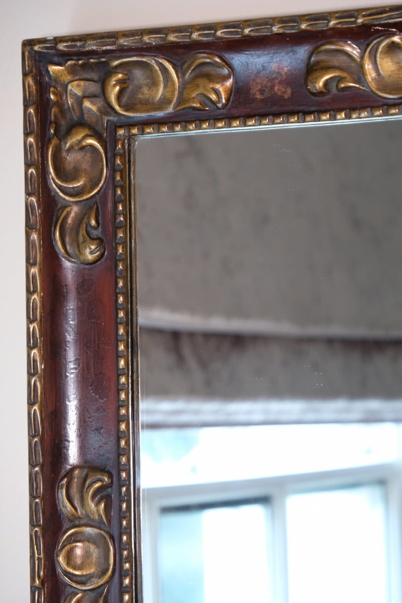 Edwardian antique painted wall mirror with claret lacquer and giltwood frame, circa 1910