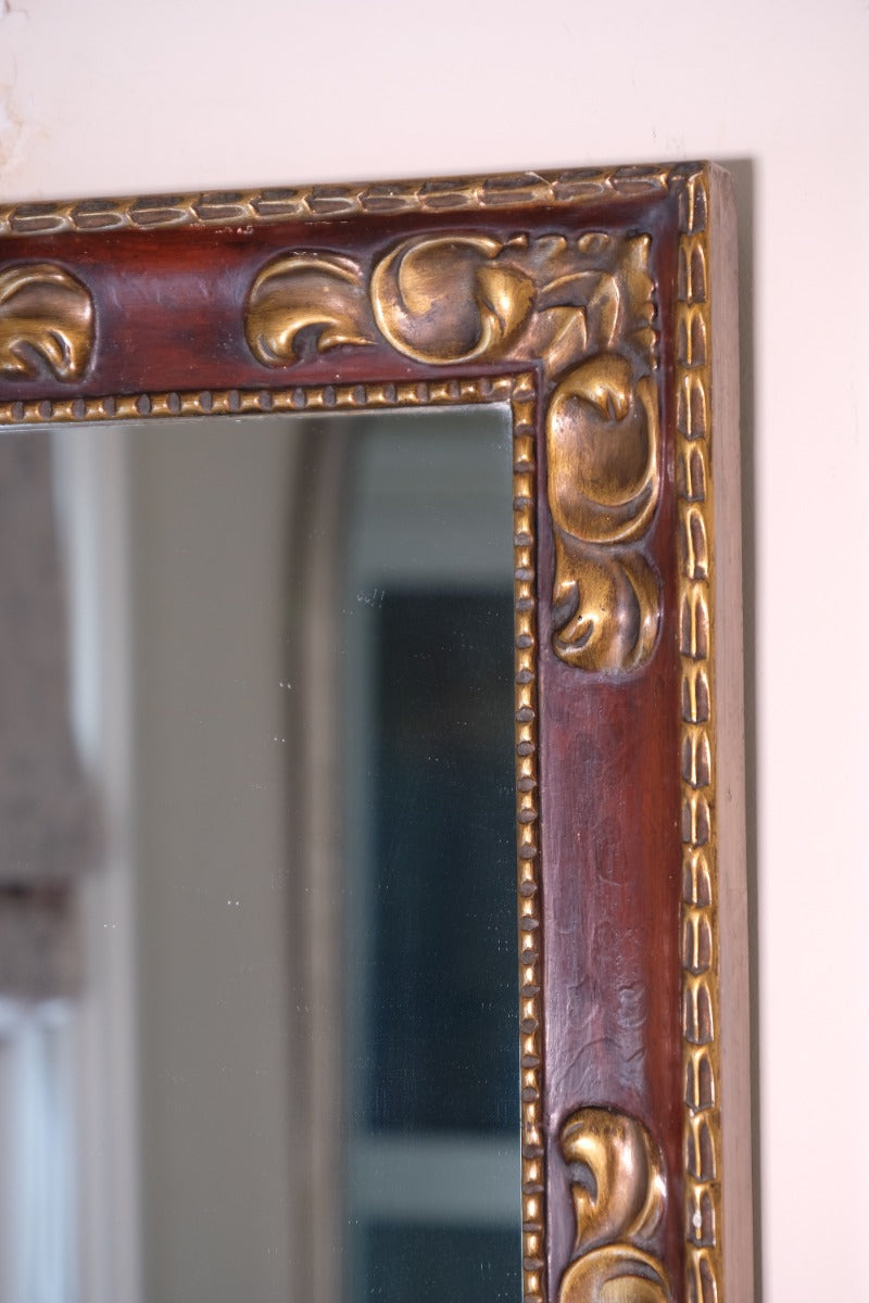 Edwardian antique painted wall mirror with claret lacquer and giltwood frame, circa 1910