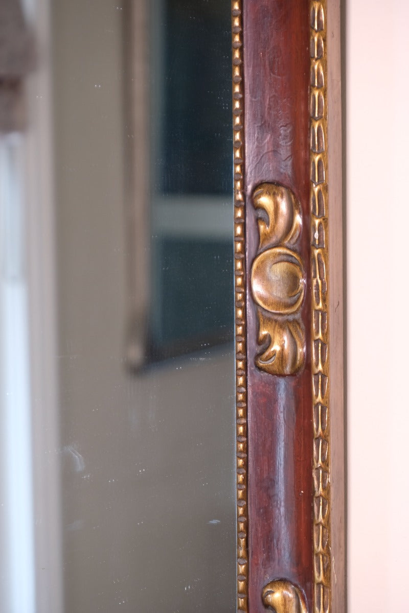 Edwardian antique painted wall mirror with claret lacquer and giltwood frame, circa 1910