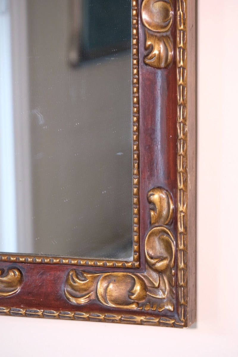 Edwardian antique painted wall mirror with claret lacquer and giltwood frame, circa 1910