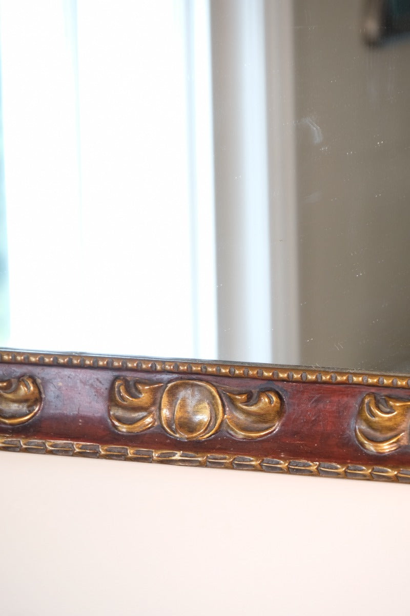 Edwardian antique painted wall mirror with claret lacquer and giltwood frame, circa 1910