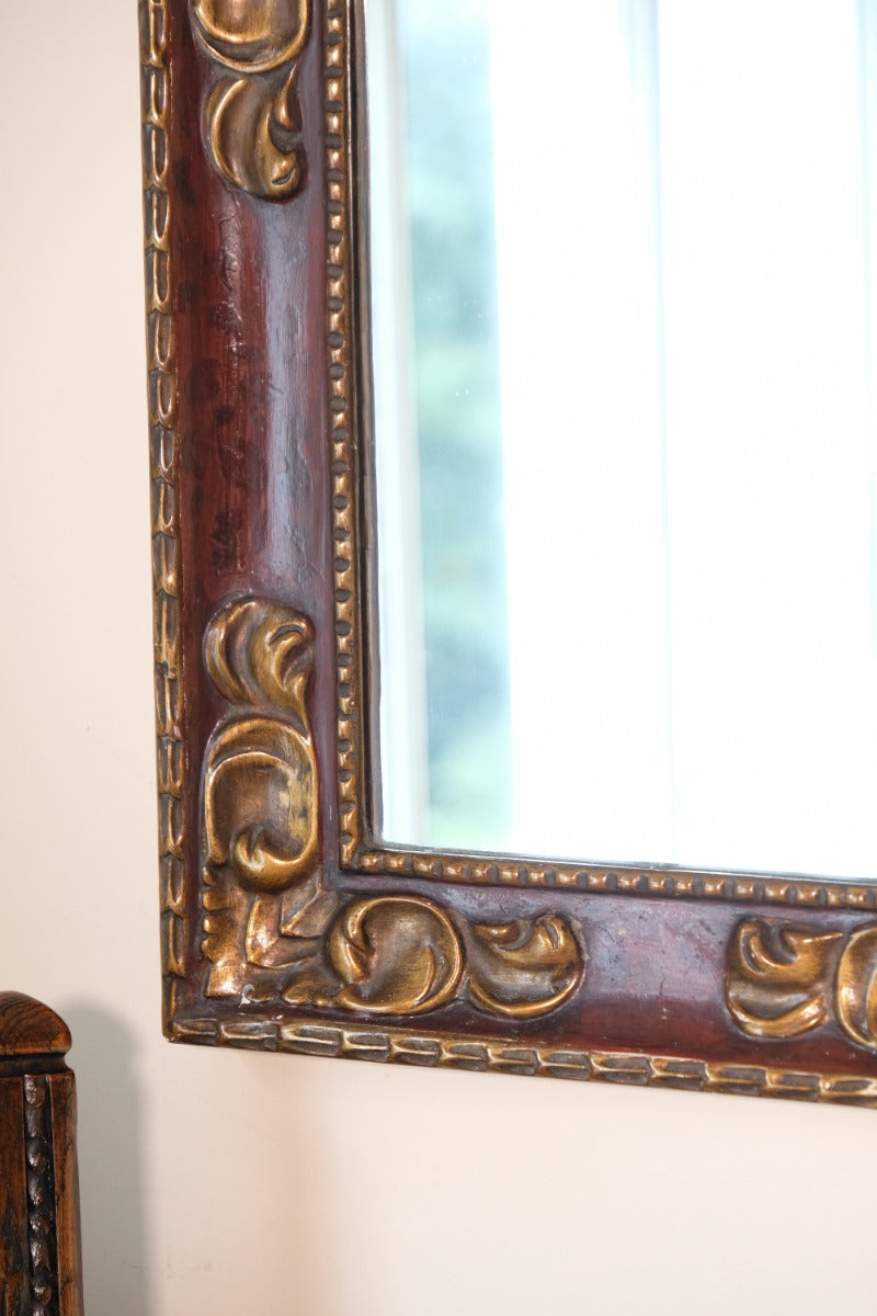 Edwardian antique painted wall mirror with claret lacquer and giltwood frame, circa 1910