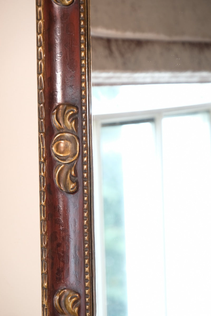 Edwardian antique painted wall mirror with claret lacquer and giltwood frame, circa 1910