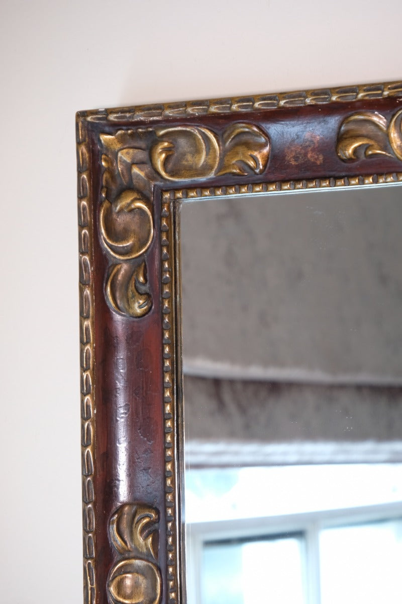 Edwardian antique painted wall mirror with claret lacquer and giltwood frame, circa 1910
