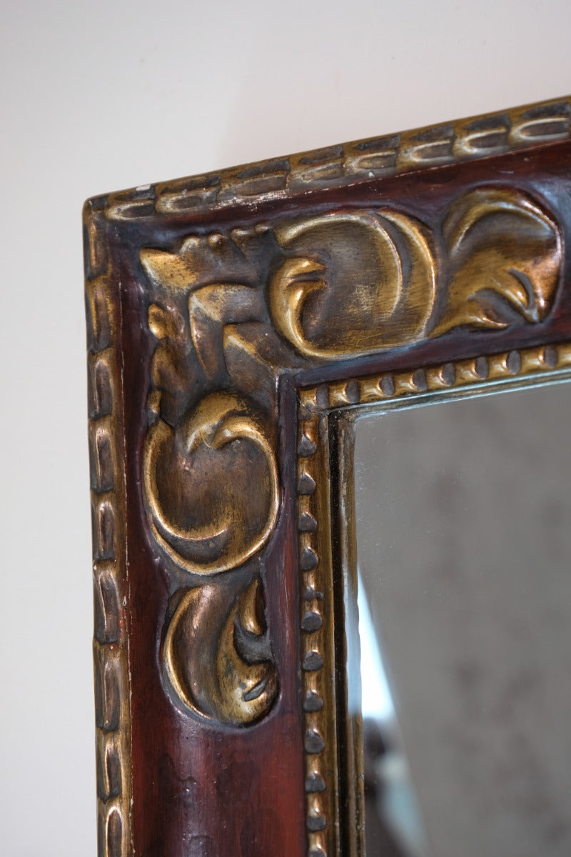 Edwardian antique painted wall mirror with claret lacquer and giltwood frame, circa 1910