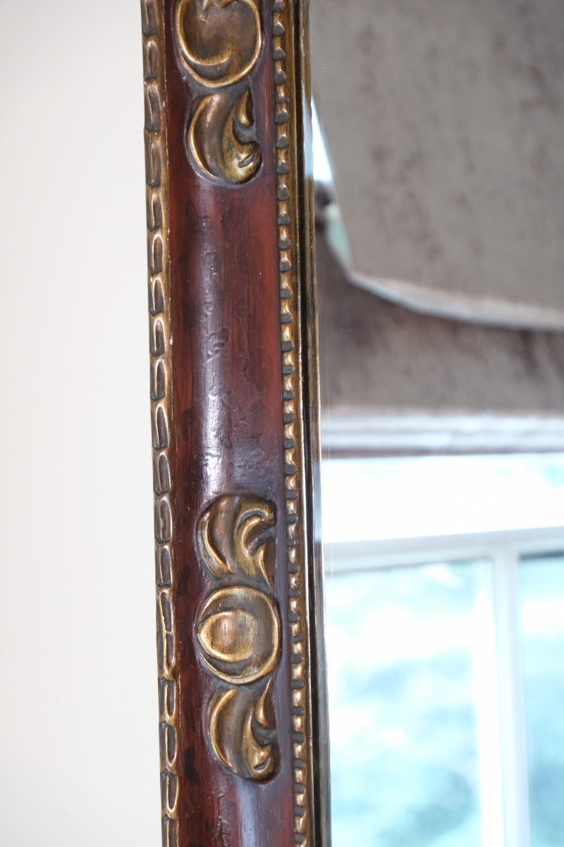 Edwardian antique painted wall mirror with claret lacquer and giltwood frame, circa 1910
