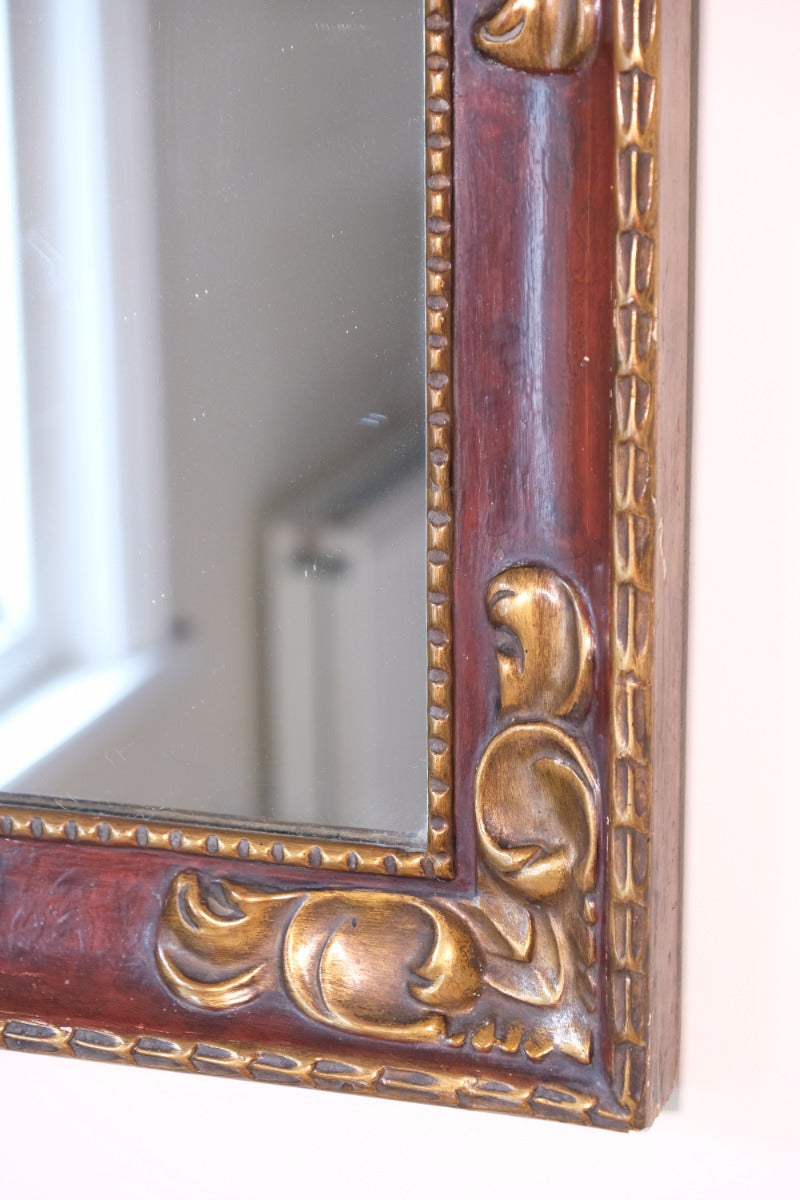 Edwardian antique painted wall mirror with claret lacquer and giltwood frame, circa 1910