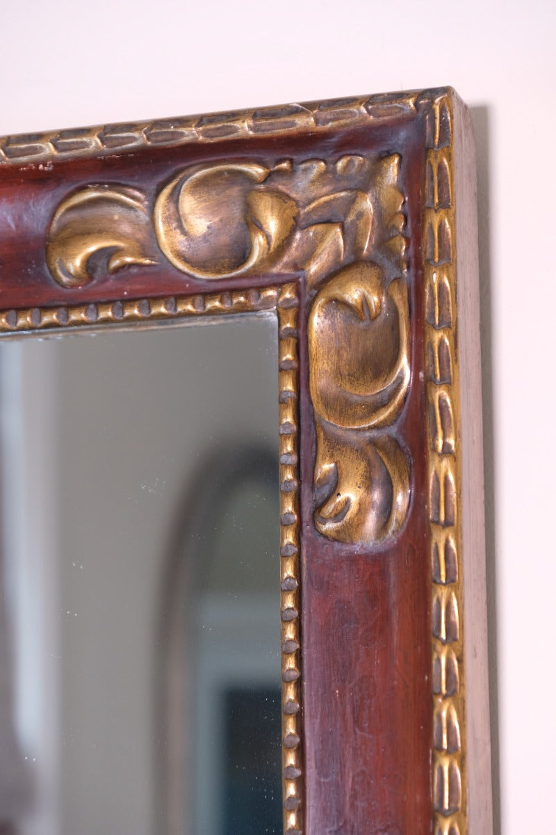 Edwardian antique painted wall mirror with claret lacquer and giltwood frame, circa 1910