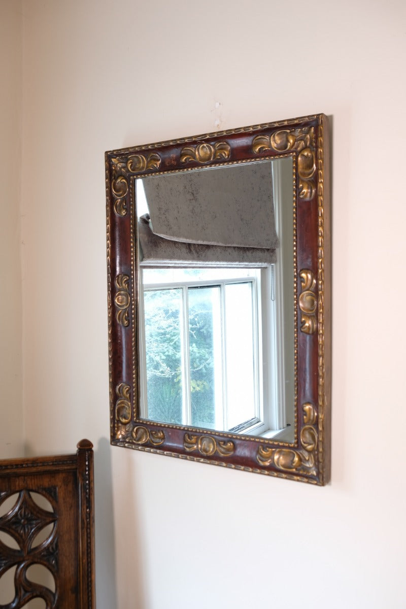 Edwardian antique painted wall mirror with claret lacquer and giltwood frame, circa 1910