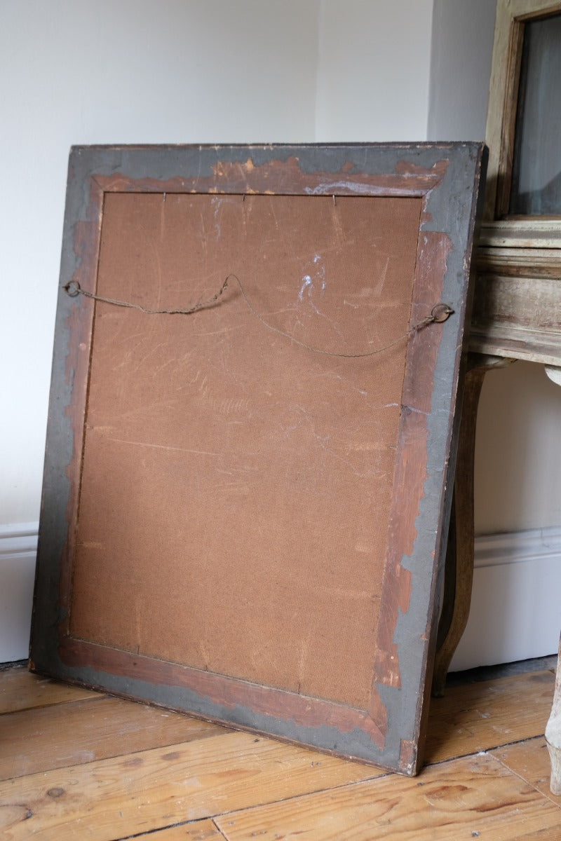 Back of Edwardian antique painted wall mirror with claret lacquer and giltwood frame, circa 1910