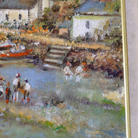 close up of a Life On The River original mid-century British oil painting on canvas by Ira Englefield depicting a riverside village landscape