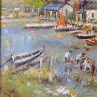 another close up of a Life On The River original mid-century British oil painting on canvas by Ira Englefield depicting a riverside village landscape