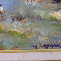 Close up signature of ra Englefield Life On The River original mid-century British oil painting on canvas by Ira Englefield depicting a riverside village landscape