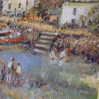 Life On The River original mid-century British oil painting on canvas by Ira Englefield depicting a riverside village landscape