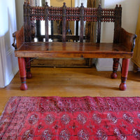Late 19th Century Gujarati Hardwood Hall Bench with Original Polychrome Finish, Turned Gallery Back and Brass Rosette Mounts