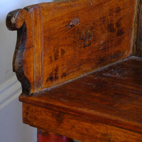 Internal warm timber colour on a Late 19th Century Gujarati Hardwood Hall Bench with Original Polychrome Finish, Turned Gallery Back and Brass Rosette Mounts