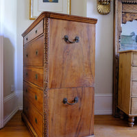 Side handles in brass on a Camphor Wood Campaign Secretaire Chest by Phelps Ltd. with Fitted Writing Desk and Original Label