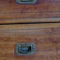 Recessed brass campaign handles on a Camphor Wood Campaign Secretaire Chest by Phelps Ltd. with Fitted Writing Desk and Original Label