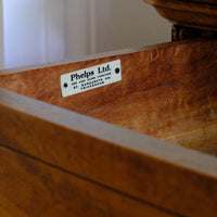 Original ivorine company stamp in this Camphor Wood Campaign Secretaire Chest by Phelps Ltd. with Fitted Writing Desk and Original Label