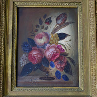 English School antique oil on board still life of garden flowers in original gilt carved frame