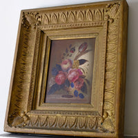 English School antique oil on board still life of garden flowers in original gilt carved frame