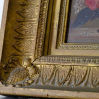 frame close up on a English School antique oil on board still life of garden flowers in original gilt carved frame