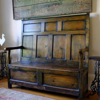 19th Century Welsh Oak Settle Bench with Painted Panels and Storage Chest