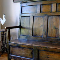 19th Century Welsh Oak Settle Bench with Painted Panels and Storage Chest