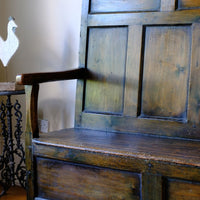 19th Century Welsh Oak Settle Bench with Painted Panels and Storage Chest