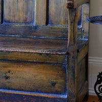 19th Century Welsh Oak Settle Bench with Painted Panels and Storage Chest