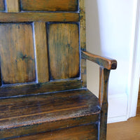 19th Century Welsh Oak Settle Bench with Painted Panels and Storage Chest