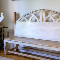 three quarter shot - 19th Century Gothic Painted Pine Hall Bench with Gothic Fretwork and Original Painted Finish