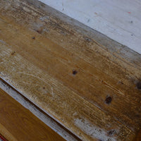 Close up of worn seat on a 19th Century Gothic Painted Pine Hall Bench with Gothic Fretwork and Original Painted Finish