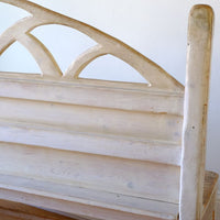 Close up of the back of the 19th Century Gothic Painted Pine Hall Bench with Gothic Fretwork and Original Painted Finish