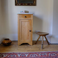 Late Victorian pine marble top bedside cupboard with Carrara marble and concealed brass pivot hinges