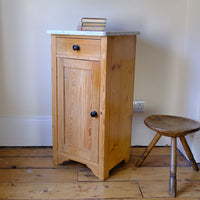 Side view - Late Victorian pine marble top bedside cupboard with Carrara marble and concealed brass pivot hinges