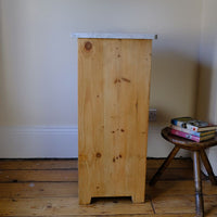 Late Victorian pine marble top bedside cupboard with Carrara marble and concealed brass pivot hinges
