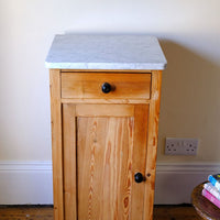 Late Victorian pine marble top bedside cupboard with Carrara marble and concealed brass pivot hinges
