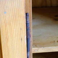 Close up view of the lift off hinge system on an Early 20th Century Pitch Pine Single Door Larder Cupboard with Lift-Off Hinges and Original Sprung Latch