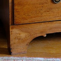 Raised on a shaped arched plinth with delicate scroll returns - Late Georgian Anglo-Chinese Padauk Chest of Drawers with Mitred Face Frame and Original Brass Side Carrying Handles
